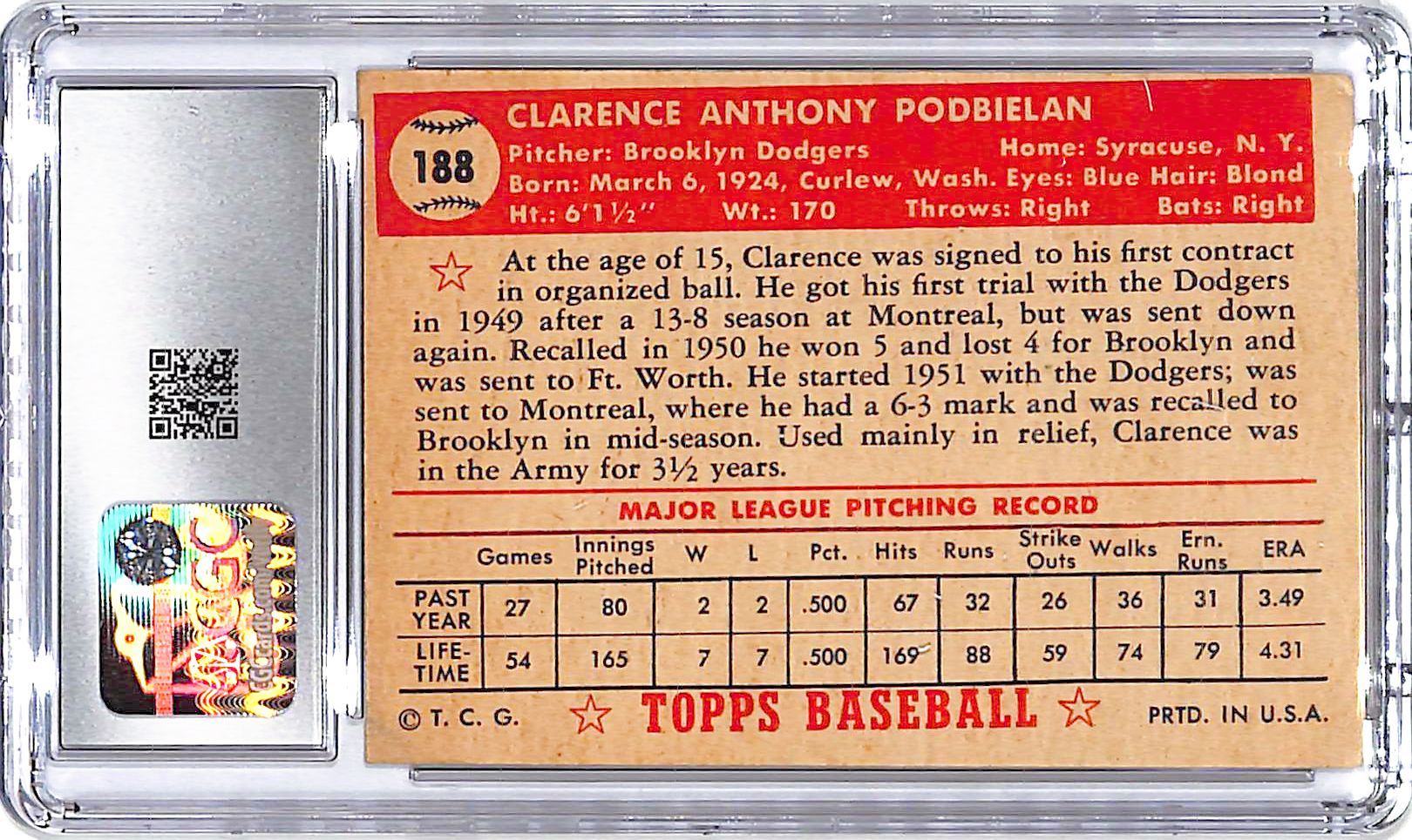 1952 Topps Bud Podbielan #188 CGC 4.5 Dodgers