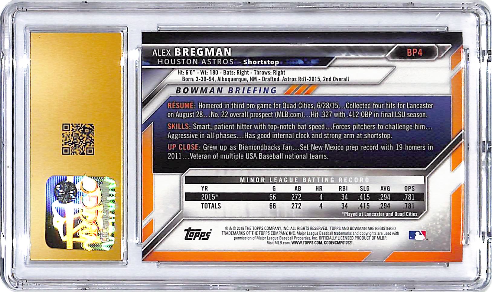 2016 Bowman Alex Bregman Prospects Rookie RC CGC 10 Pristine Astros