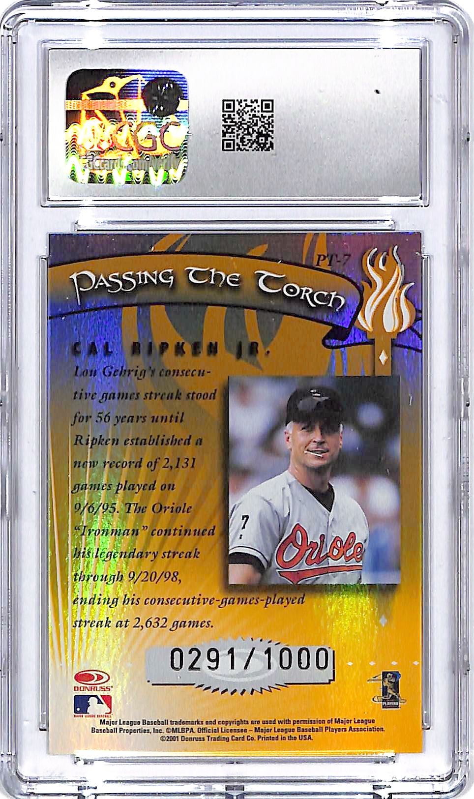 2001 Donruss Elite Cal Ripken Jr Passing The Torch /1000 CGC 9.5 Orioles