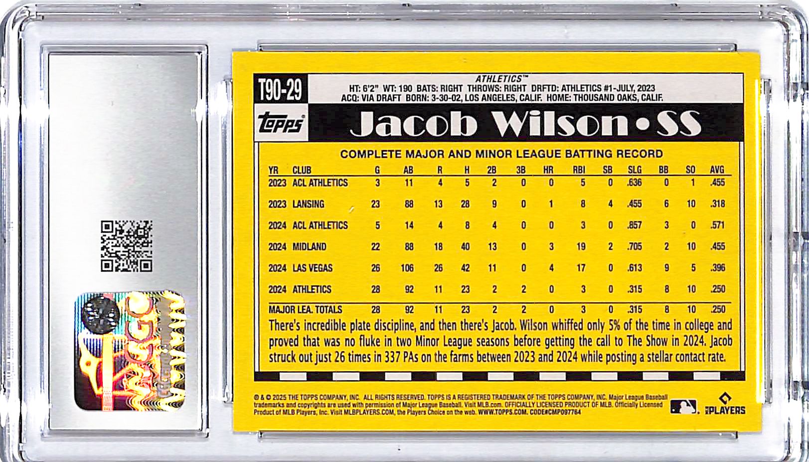 2025 Topps Jacob Wilson 90 Topps Rookie RC #29 CGC 10 Athletics