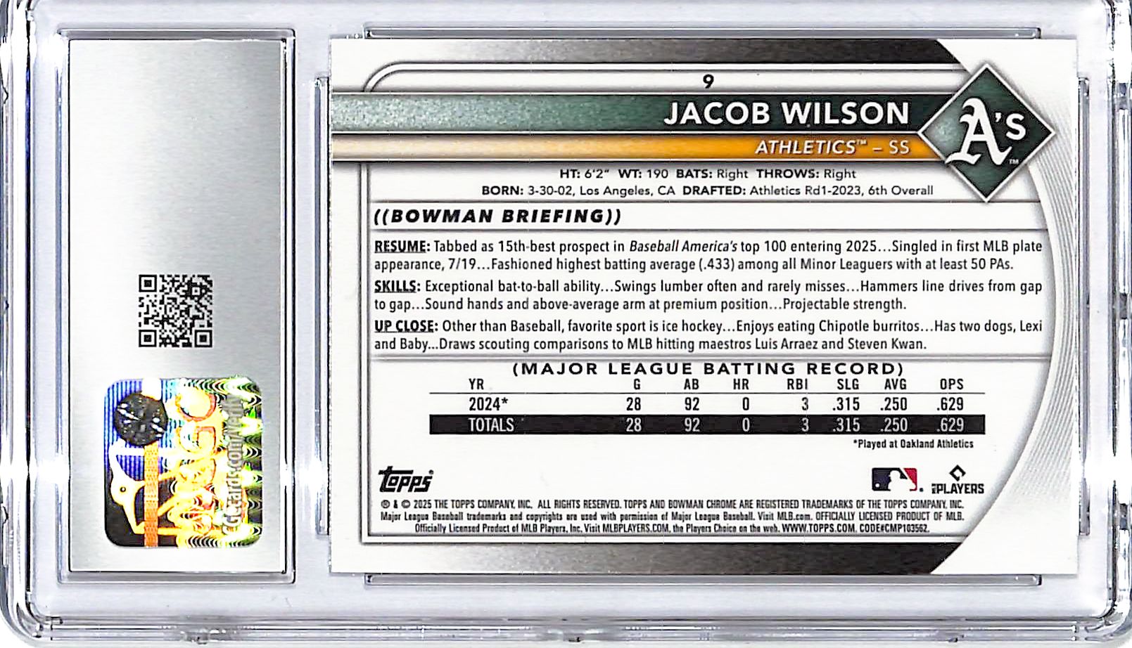 2025 Bowman Chrome Jacob Wilson Rookie RC Mega Box Mojo Refractor #9 CGC 10 Athletics