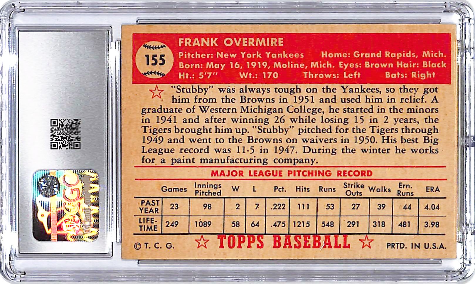 1952 Topps Frank Overmire #155 CGC 6 Yankees