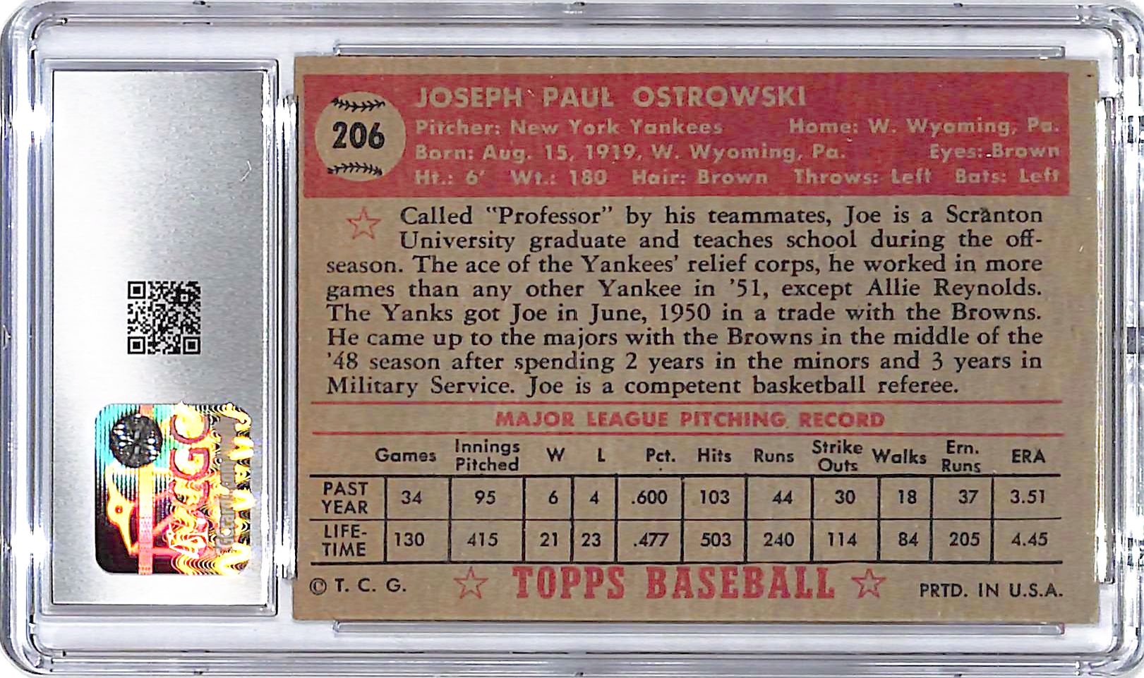 1952 Topps Joe Ostrowski #206 CGC 6 Yankees