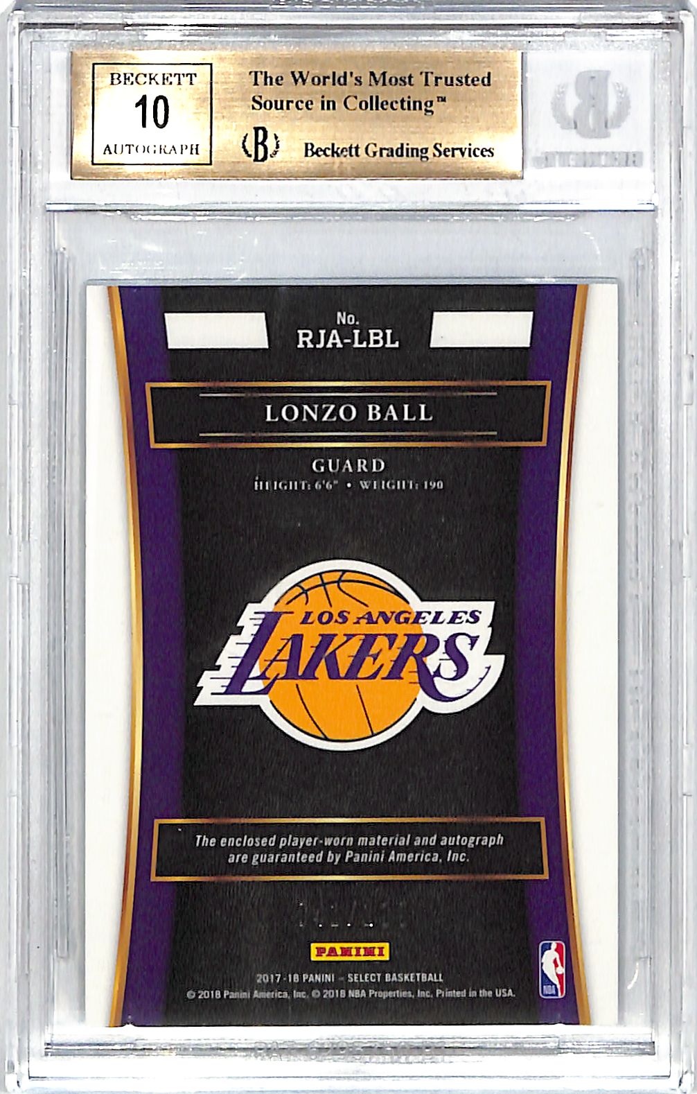 2017-18 Select Lonzo Ball Rookie Jersey Auto Autograph RC BGS 9.5 Lakers /199