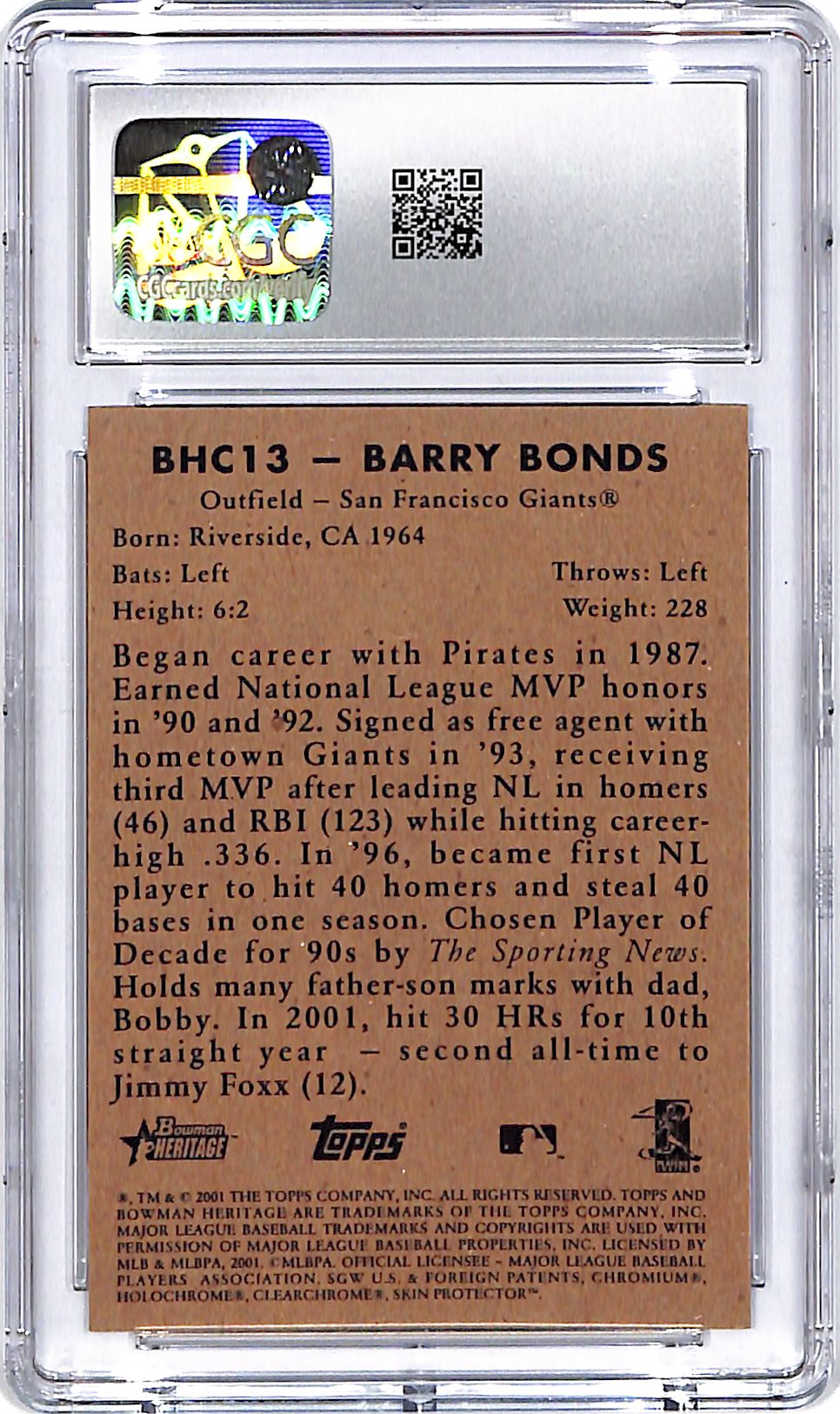 2001 Bowman Heritage Chrome Barry Bonds CGC 9.5 Giants
