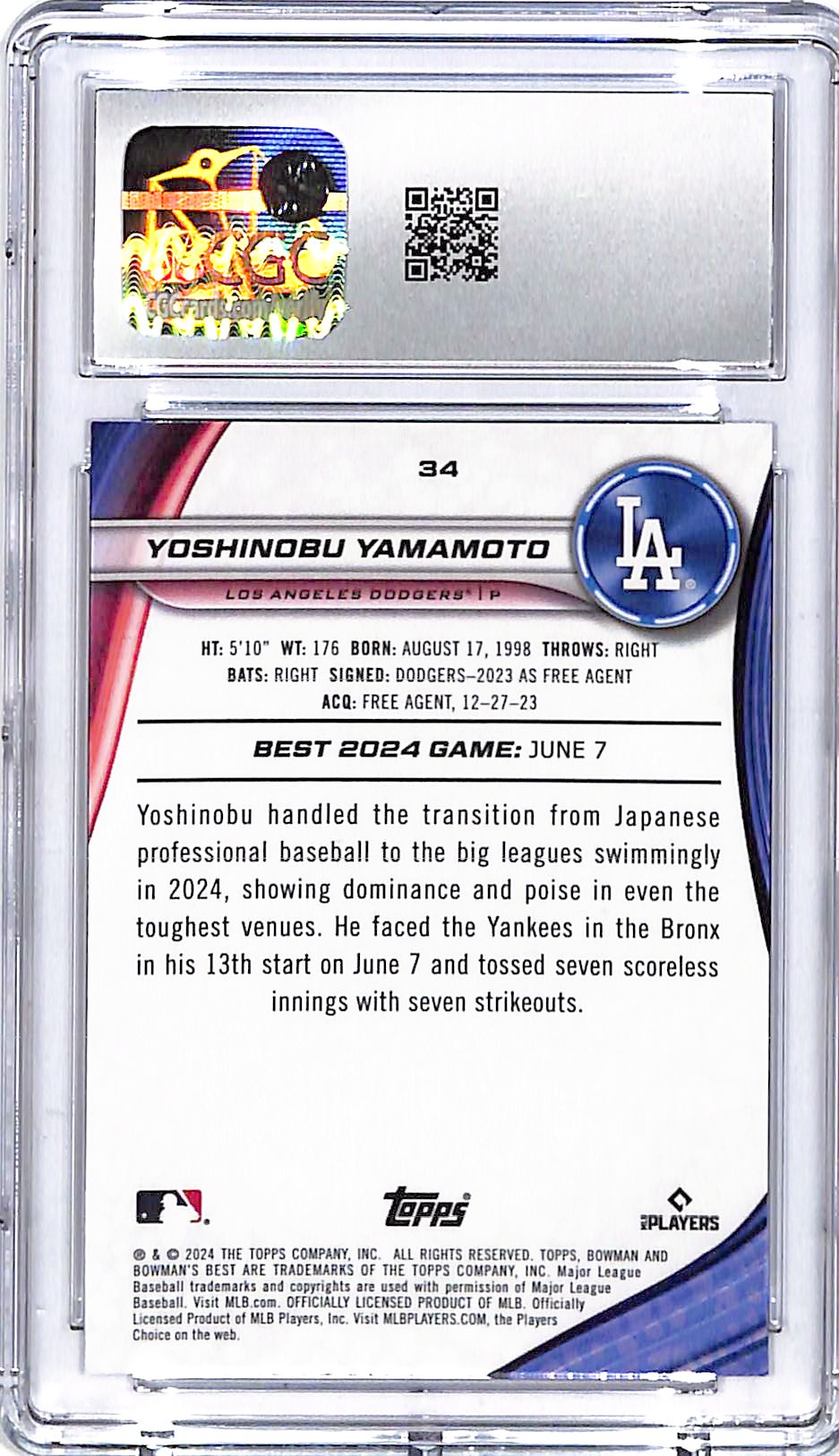 2024 Bowmans Best Yoshinobu Yamamoto Rookie RC Wave Refractor CGC 10 Dodgers