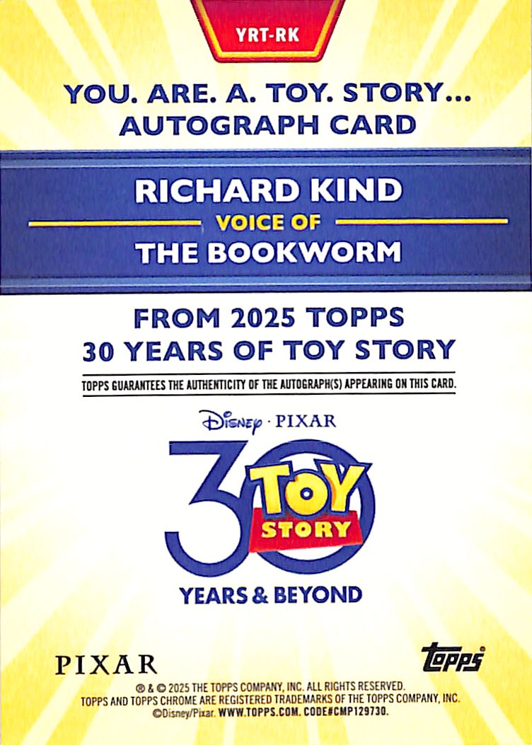 2025 Topps 30 Years of Toy Story The Bookworm Richard Kind Auto Autograph Refractor /150