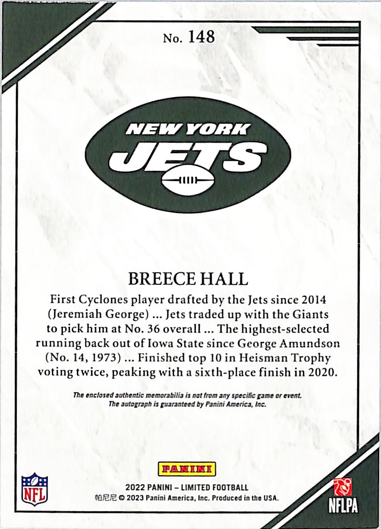 2022 Limited Breece Hall Auto Autograph Rookie RC Patch Jersey /29 Jets