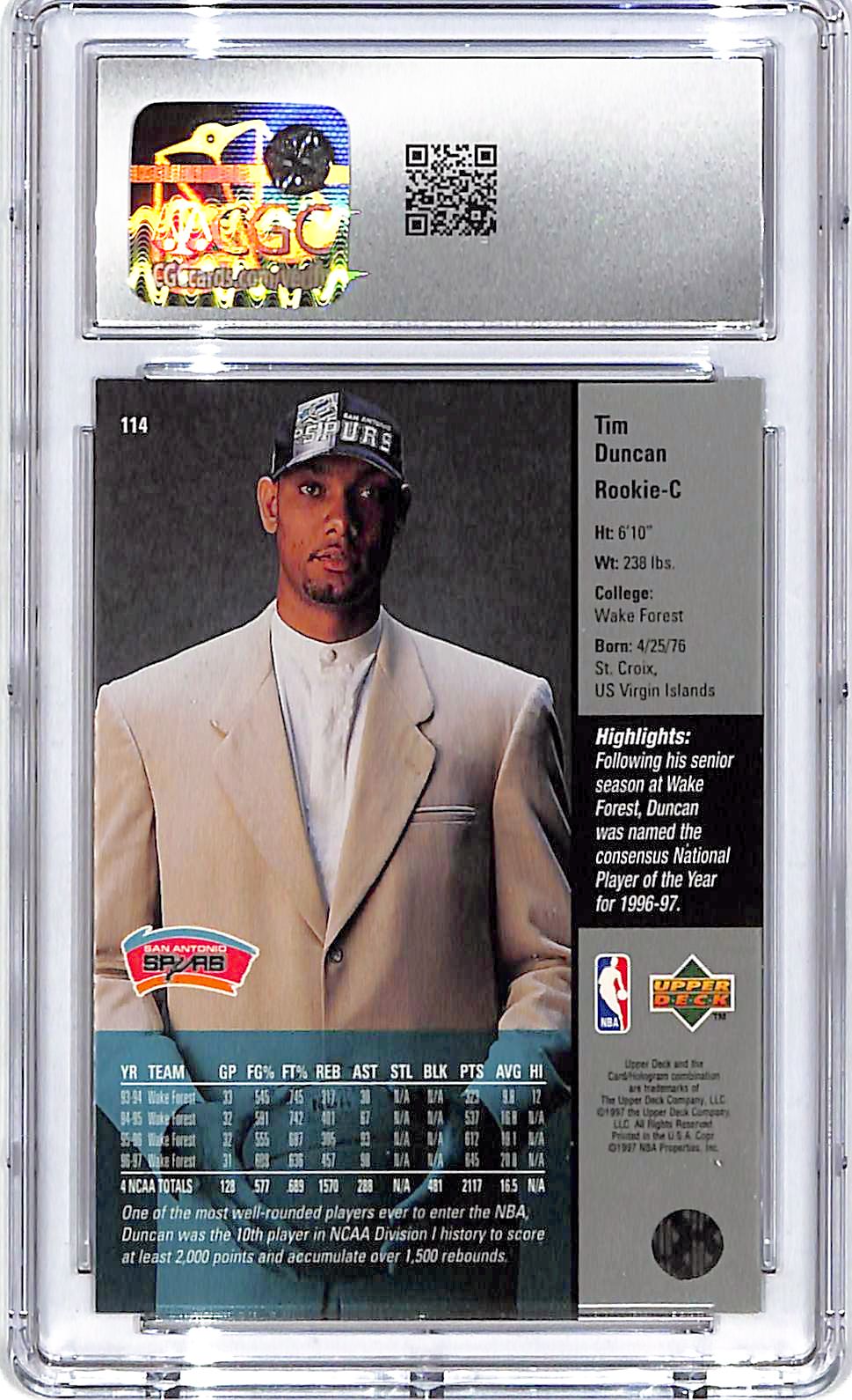 1997-98 Upper Deck Tim Duncan Rookie RC #114 CGC 9 Spurs