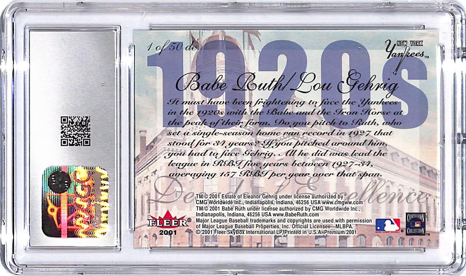 2001 Fleer Premium Babe Ruth Lou Gehrig Decades of Excellence CGC 10 Yankees