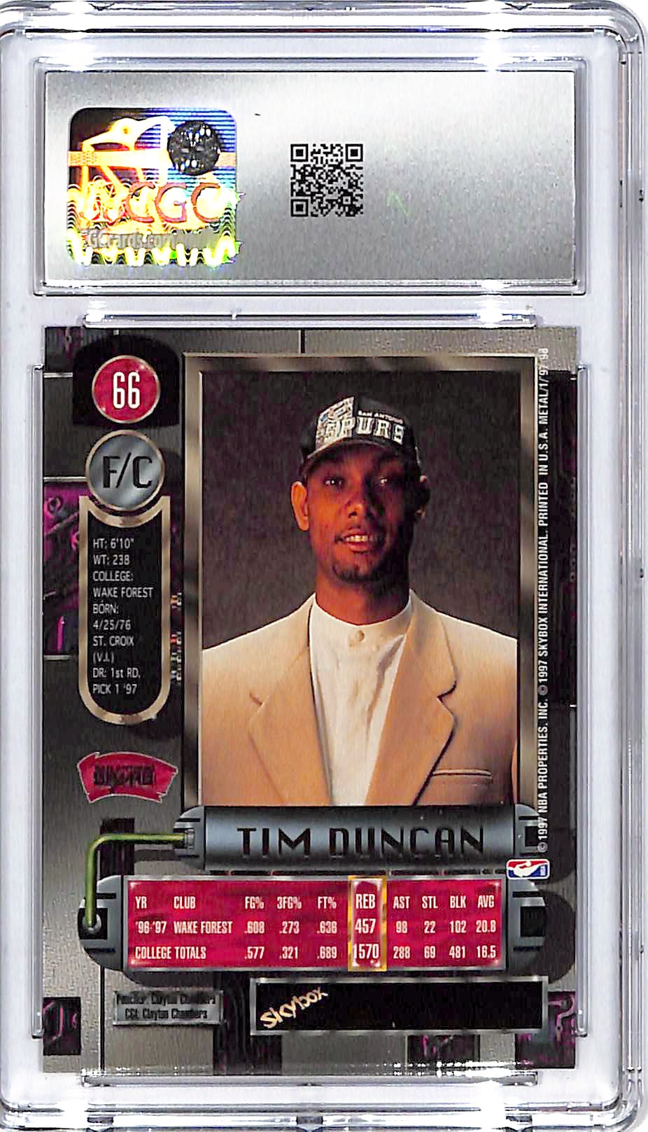 1997-98 Metal Universe Tim Duncan Rookie RC #66 CGC 10 Spurs