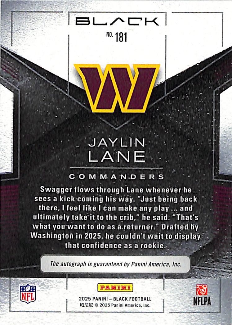 2025 Panini Black Jaylin Lane Auto Autograph Rookie RC Emerald /15 Commanders