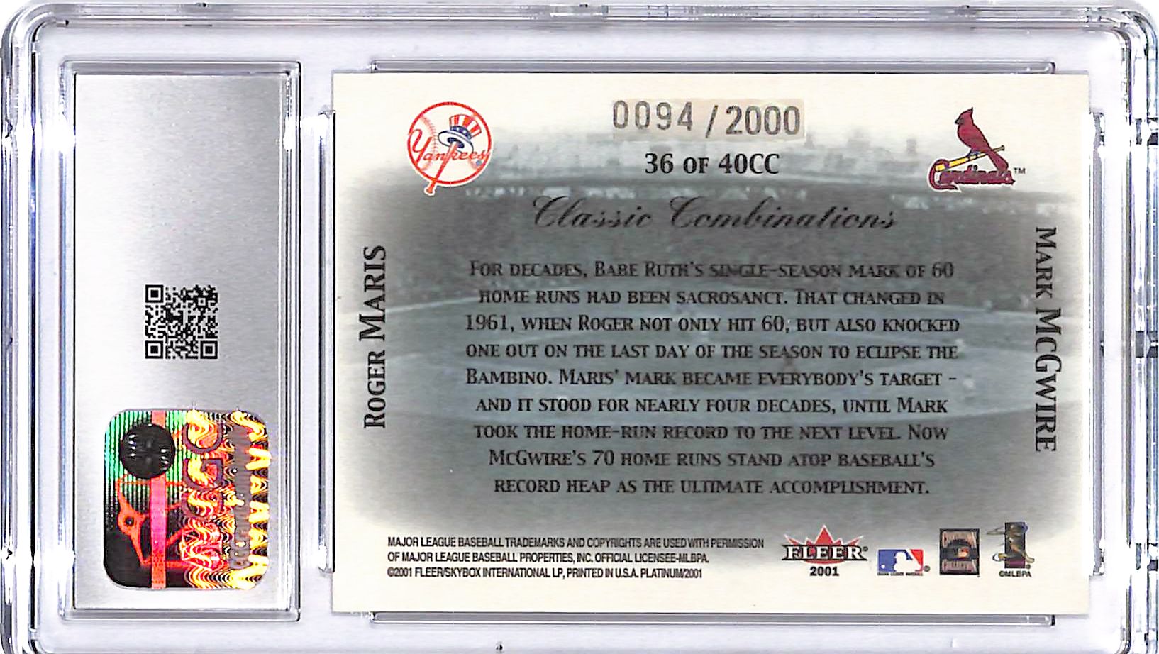 2001 Fleer Platinum Roger Maris Mark McGwire Classic Combinations /2000 CGC 10