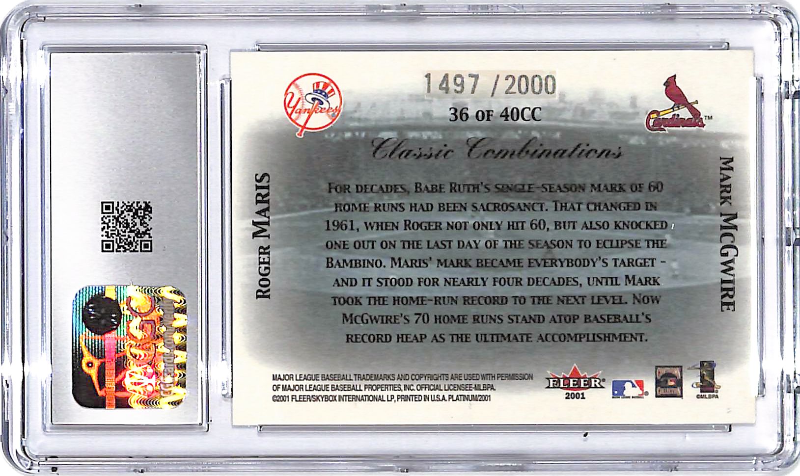 2001 Fleer Platinum Roger Maris Mark McGwire Classic Combinations /2000 CGC 10
