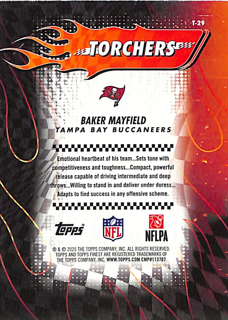 2025 Topps Finest Baker Mayfield Torchers Blue Refractor /99 Buccaneers