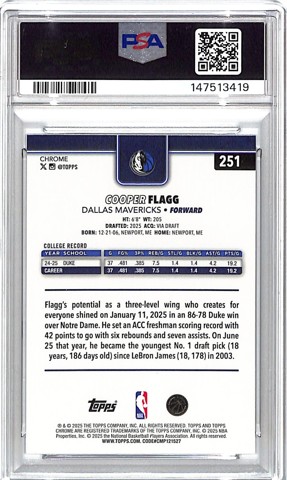 2025-26 Topps Chrome Cooper Flagg Rookie RC #251 PSA 9 Mavericks