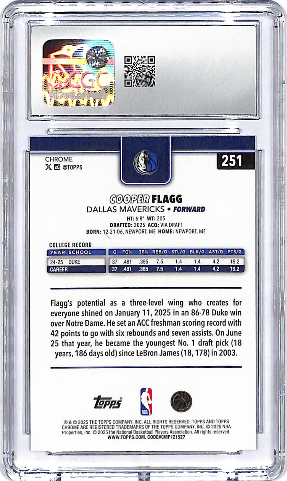 2025-26 Topps Chrome Cooper Flagg Rookie RC #251 CGC 9.5 Mavericks