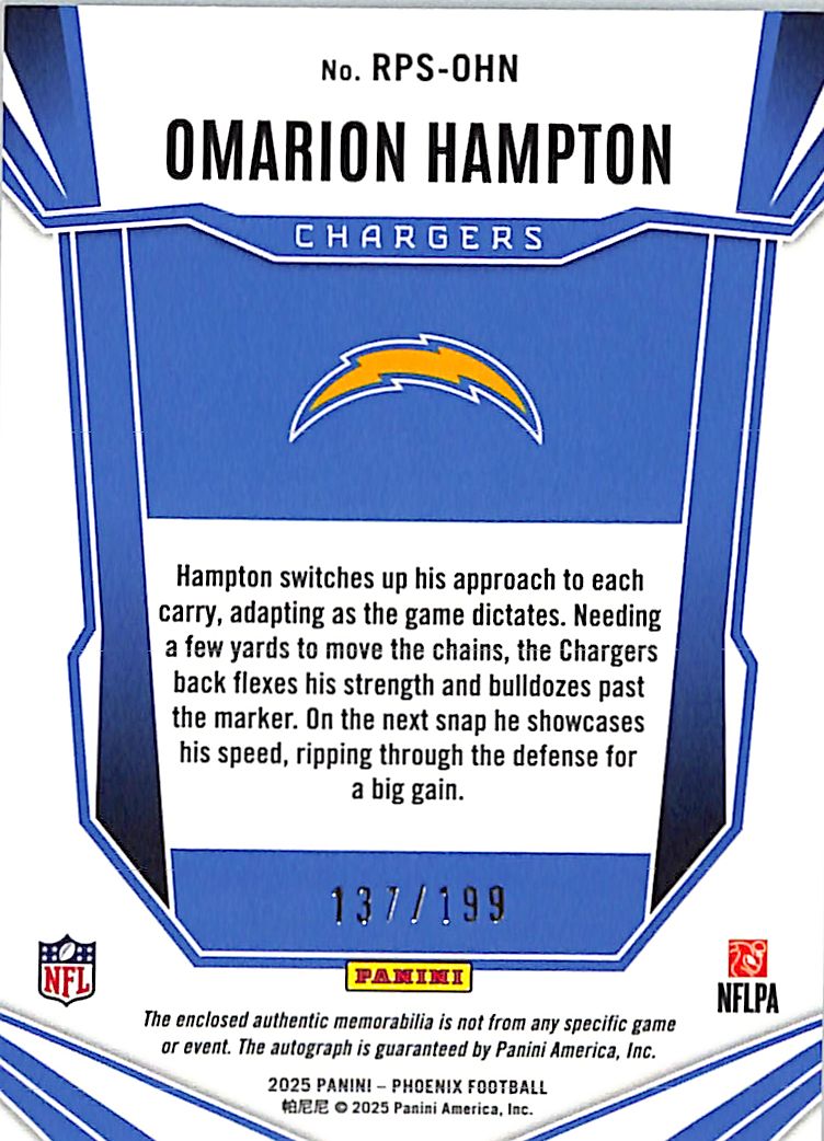 2025 Phoenix Omarion Hampton Auto Autograph Rookie RC Patch Jersey /199 Chargers
