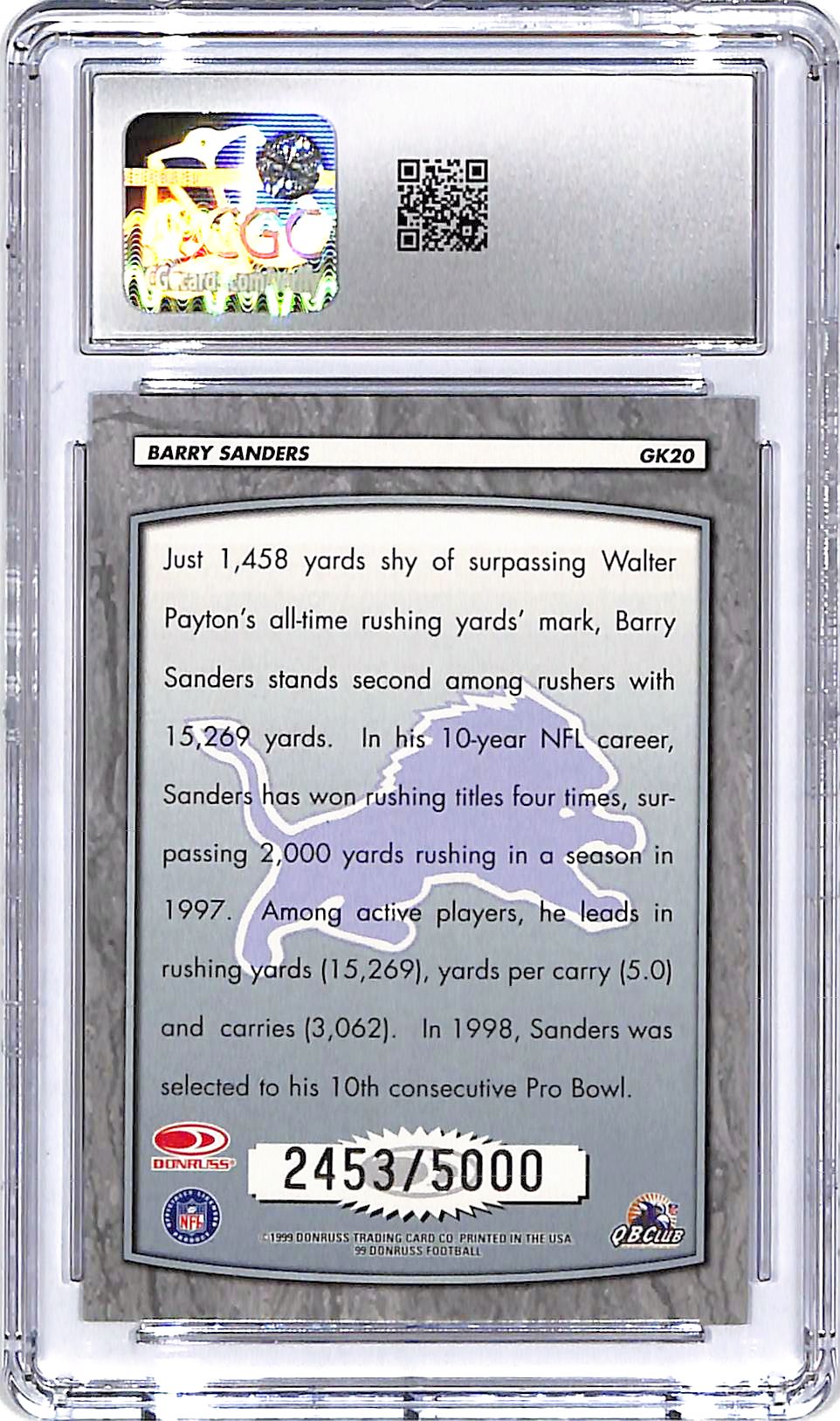 1999 Donruss Barry Sanders Gridiron Kings /5000 CGC 10 Lions