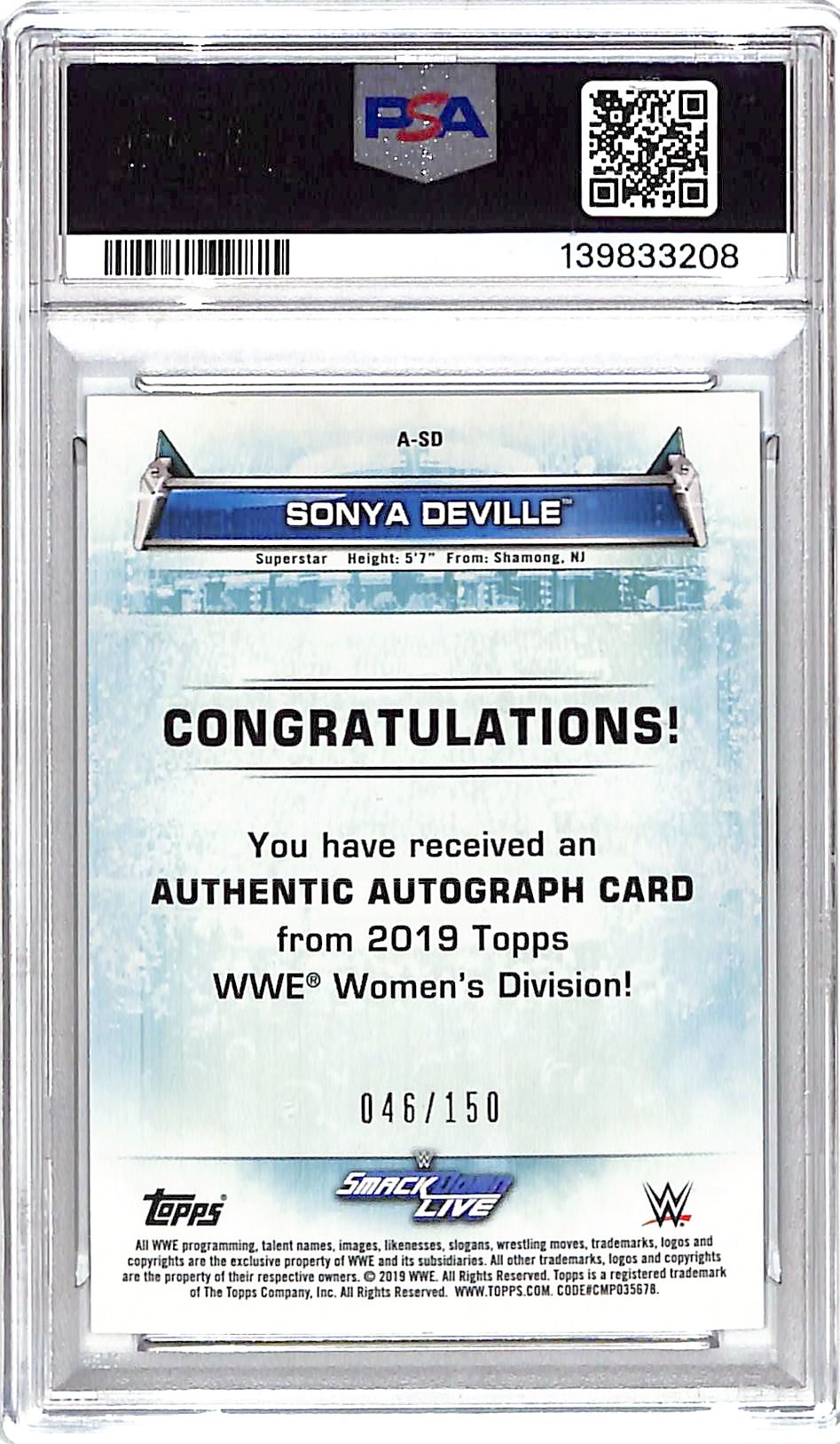 2019 Topps WWE Women's Division Sonya Deville Auto Autograph /150 PSA 10