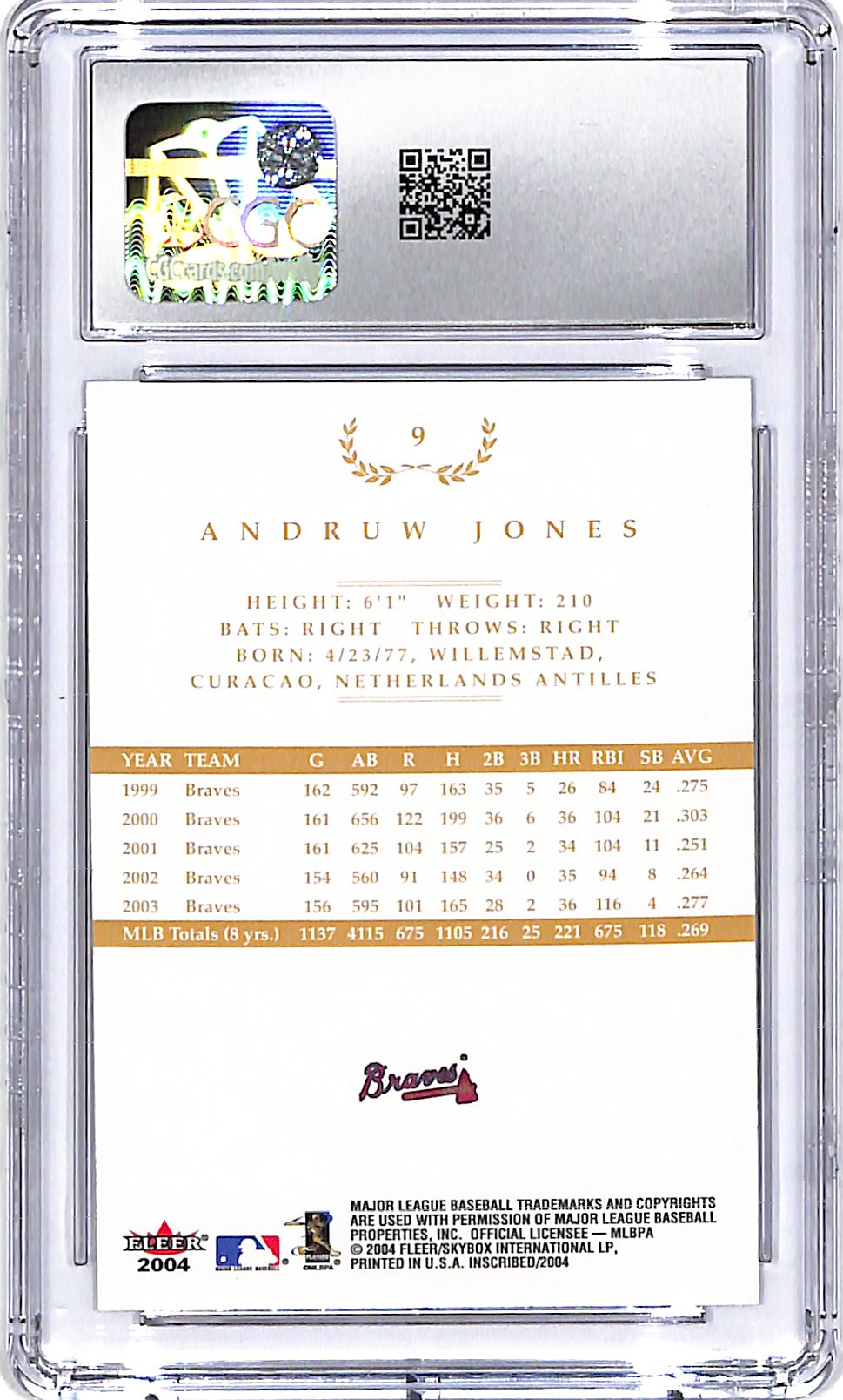 2004 Fleer InScribed Andruw Jones Gold /199 CGC 10 Braves