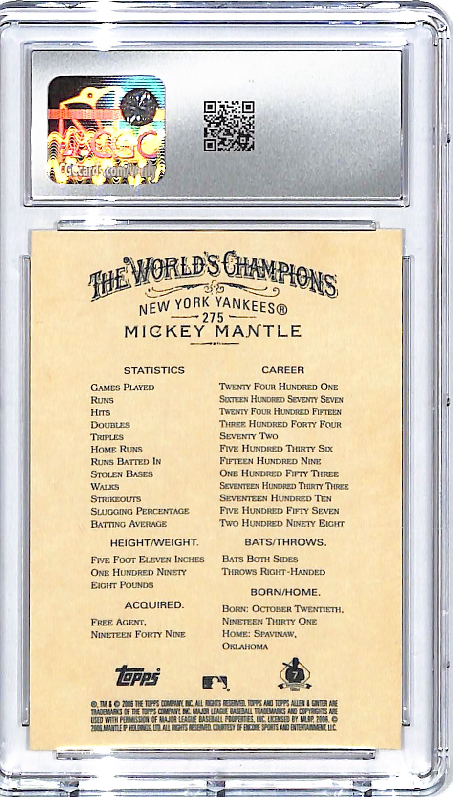 2006 Topps Allen and Ginter Mickey Mantle #275 CGC 10 Yankees