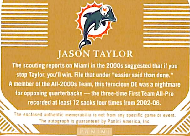 2023 Flawless Jason Taylor Auto Autograph Jersey Patch /20 Dolphins