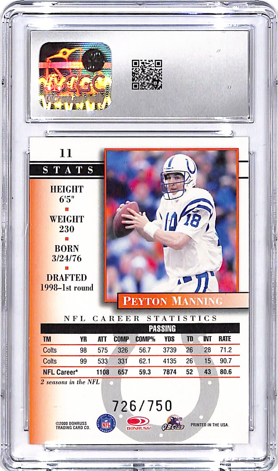 2000 Donruss Preferred Leyton Manning Professional Profile Preferred Power /750 CGC 10 Colts