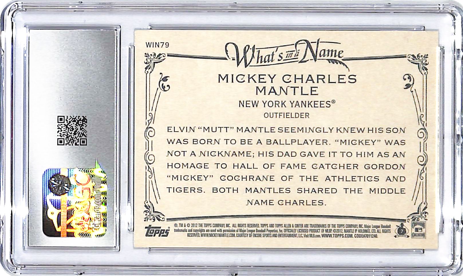 2012 Topps Allen and Ginter Mickey Mantle What's in a Name CGC 10 Yankees