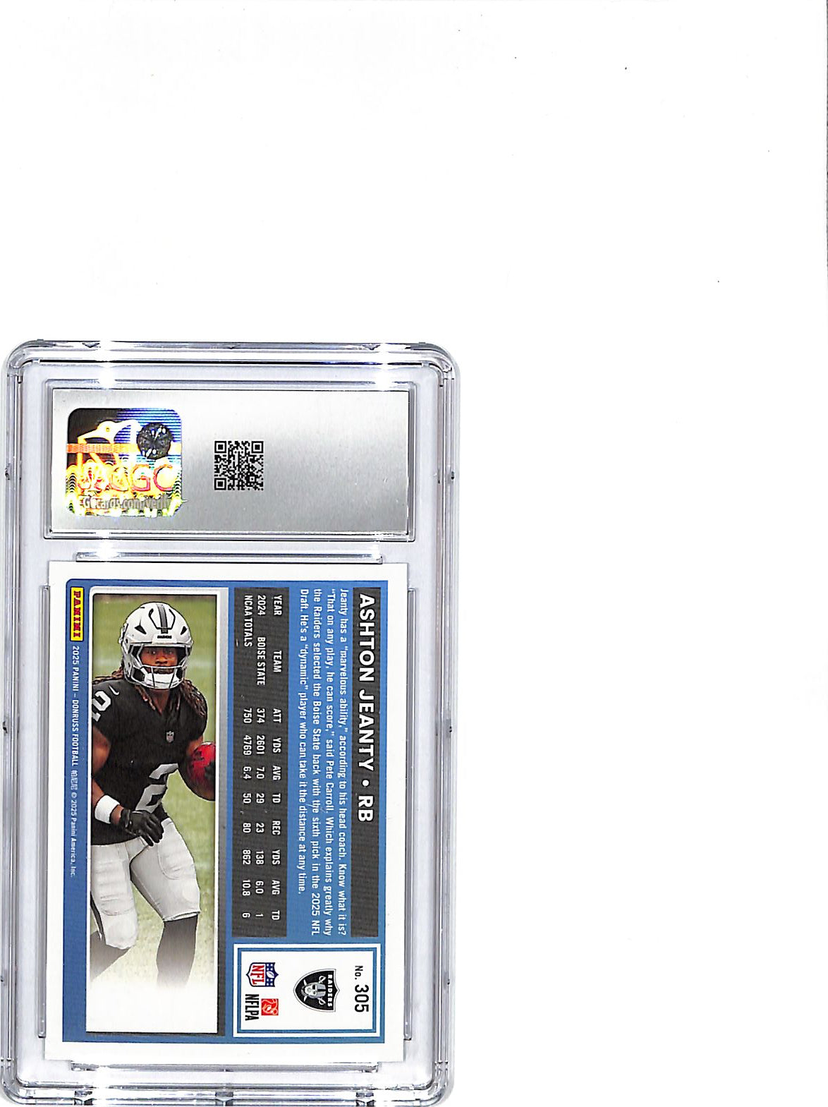 2025 Donruss Ashton Jeanty Rated Rookie RC #305 CGC 10 Raiders