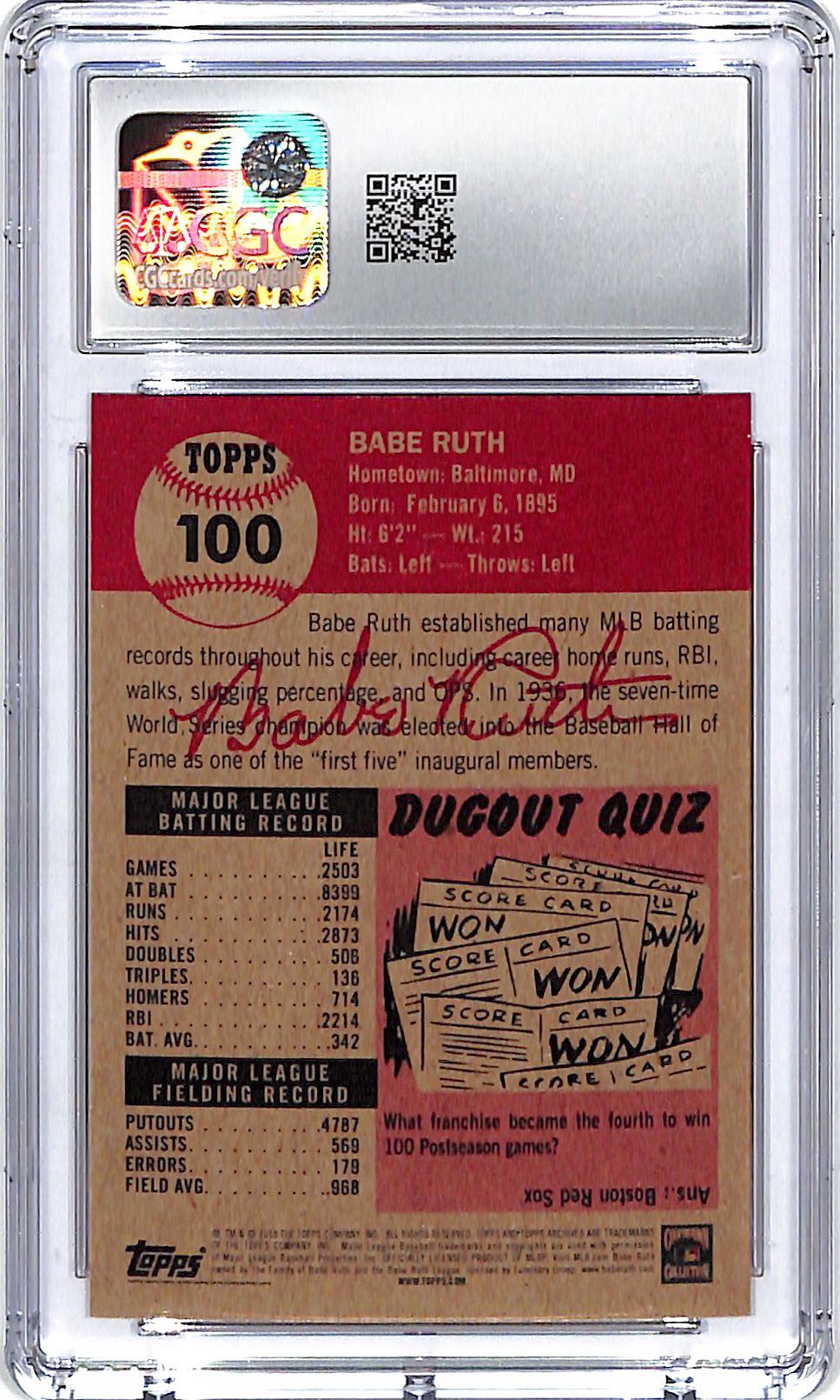 2018 Topps Living Set Babe Ruth #100 CGC 10 Yankees