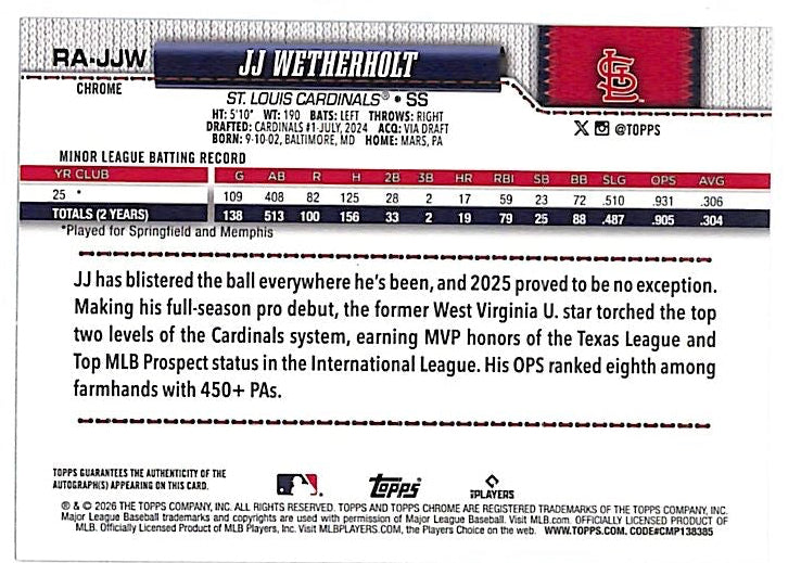2026 Topps Chrome JJ Wetherholt Auto Autograph Rookie RC Cardinals