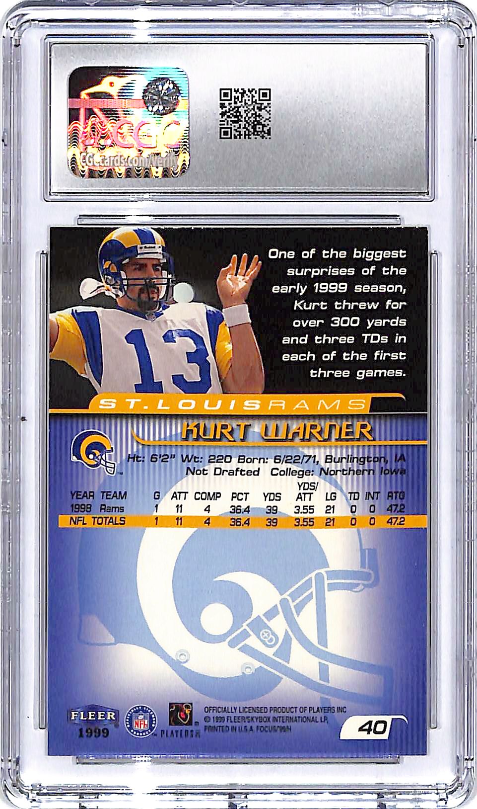 1999 Fleer Focus Kurt Warner #40 CGC 9 Rams