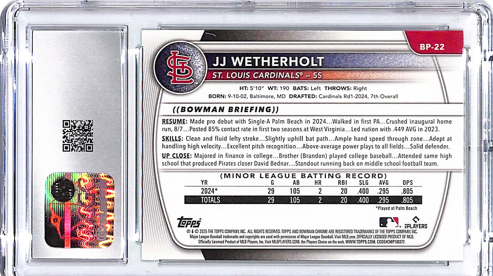2025 Bowman JJ Wetherholt Rookie RC Prospect Neon Green /399 CGC 10 Cardinals