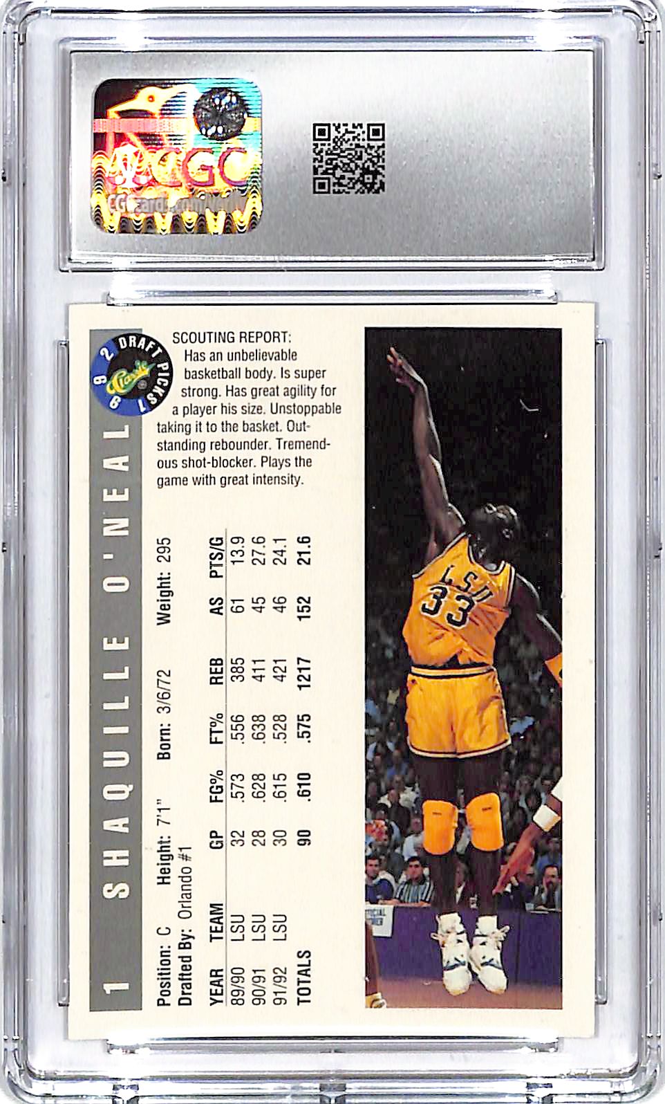 1992 Classic Draft Picks Shaquille O'Neal Rookie RC #1 CGC 9.5 Magic