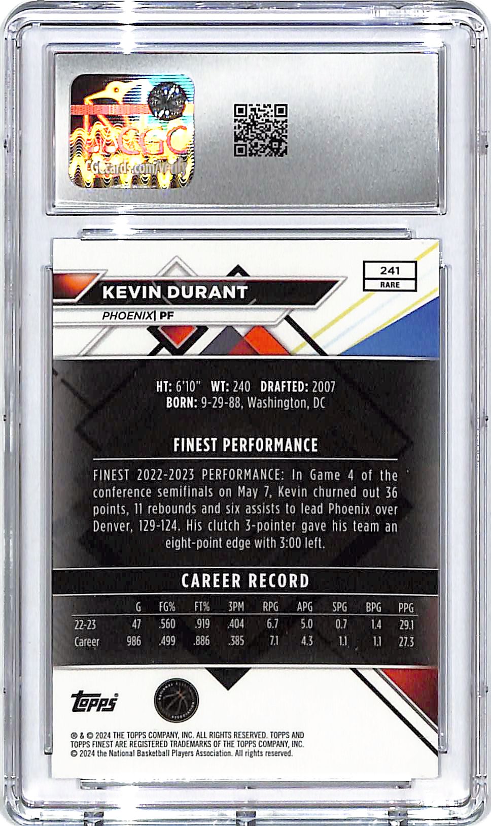 2023-24 Topps Finest Kevin Durant Checkerboard Refractor CGC 10 Suns