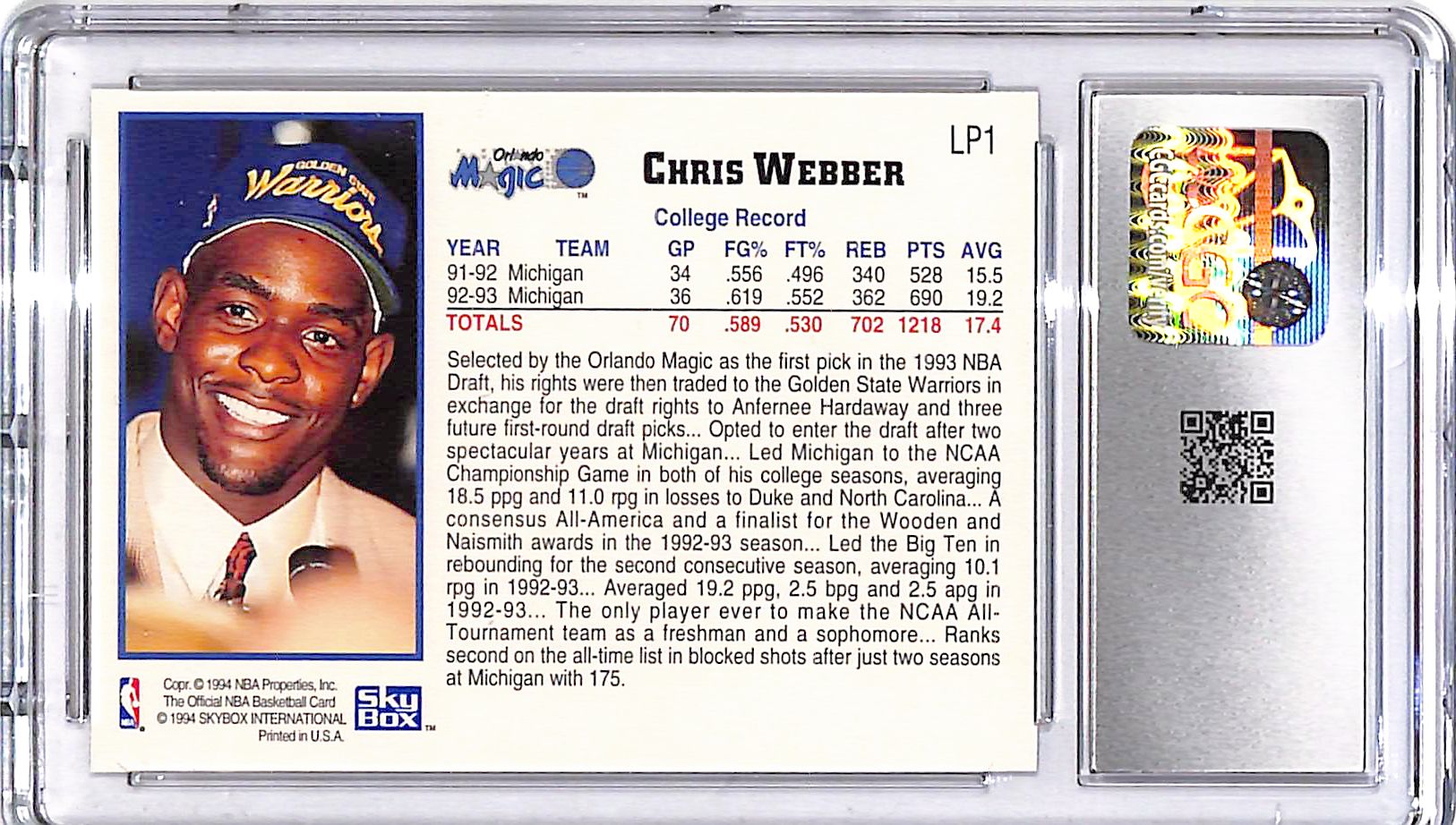 1993-94 Hoops Chris Webber Draft Redemption CGC 9 Warriors