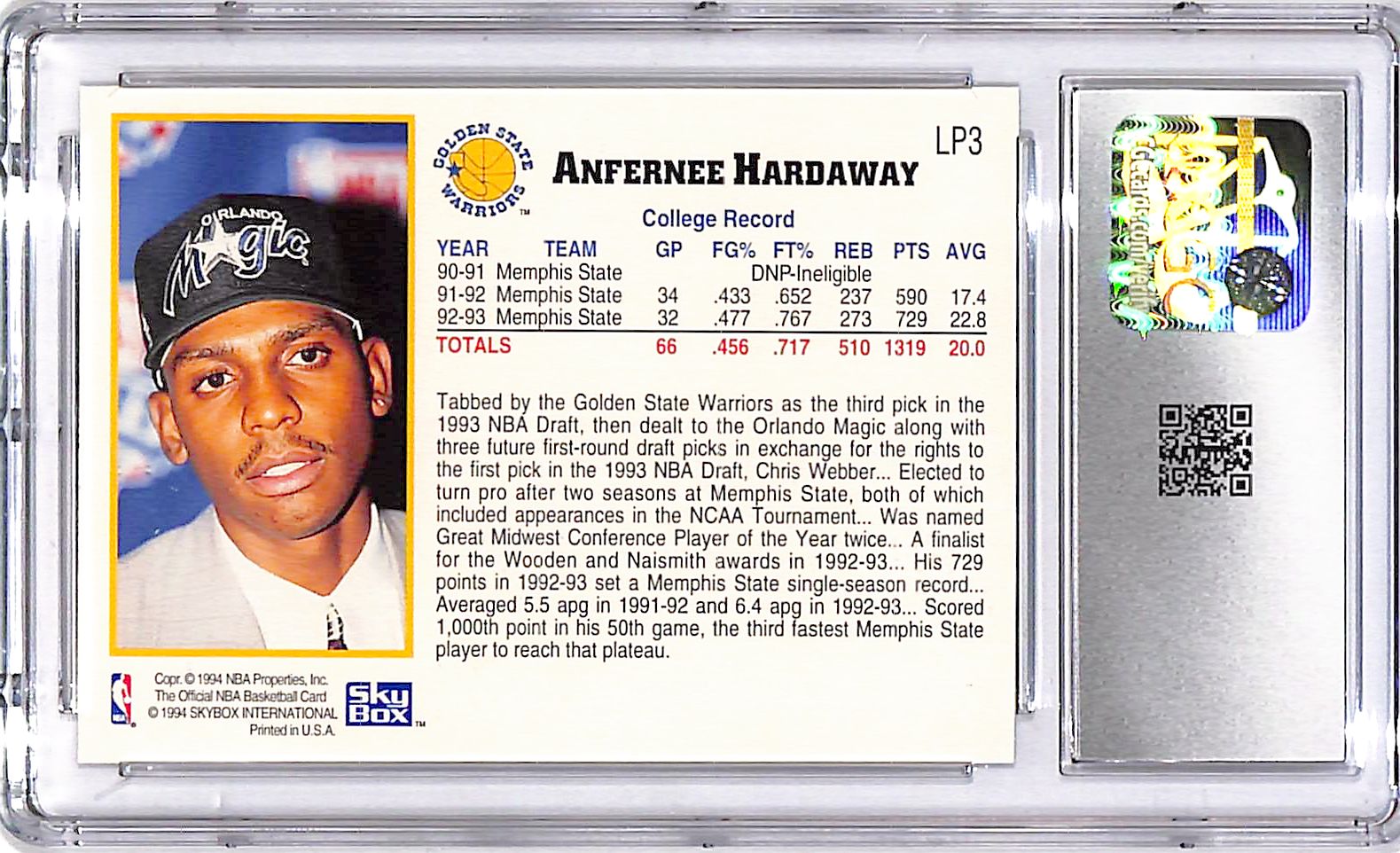 1993-94 Hoops Anfernee Hardaway Rookie RC Draft Redemption CGC 9.5 Magic