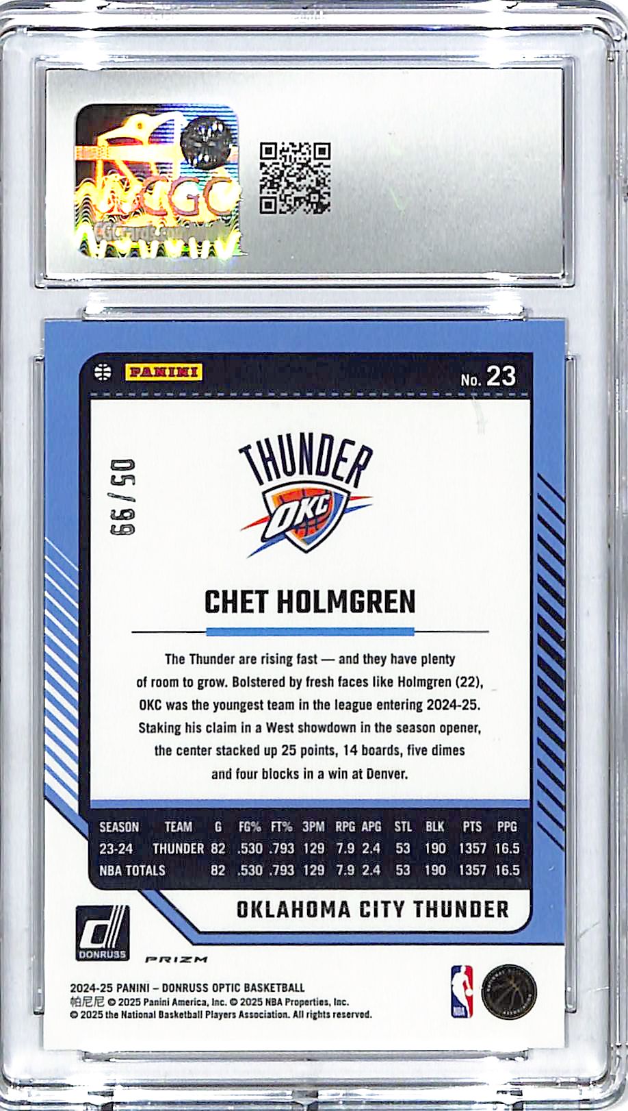 2024-25 Donruss Optic Chet Holmgren Copper Glitter /99 CGC 10 Thunder