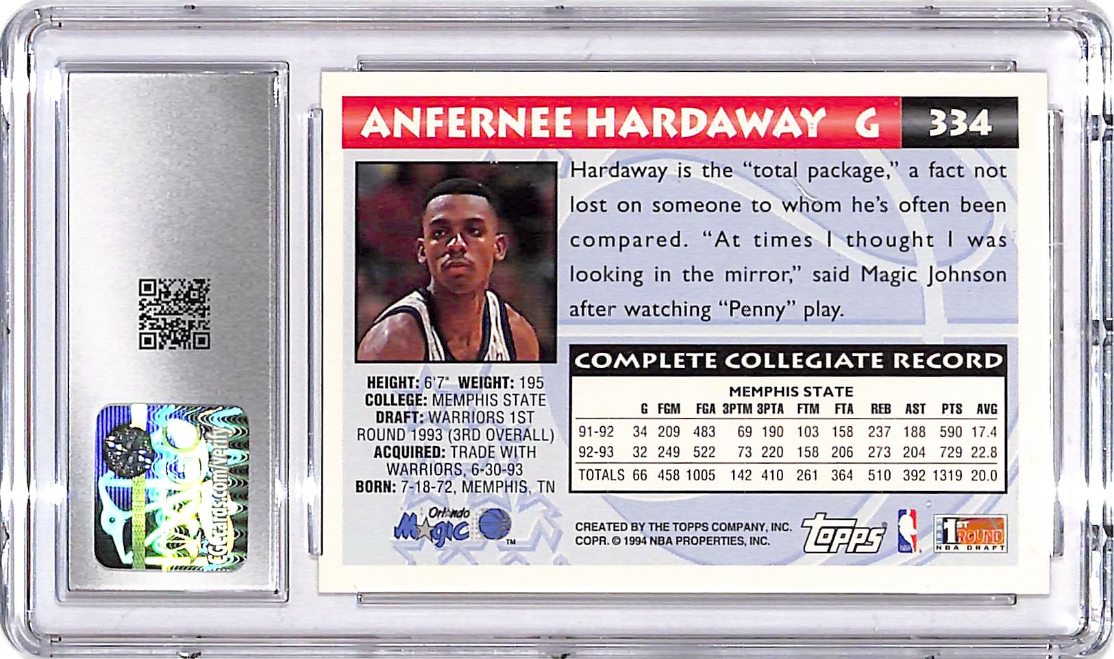 1993-94 Topps Anfernee Hardaway Rookie RC Gold #334 CGC 8.5 Magic