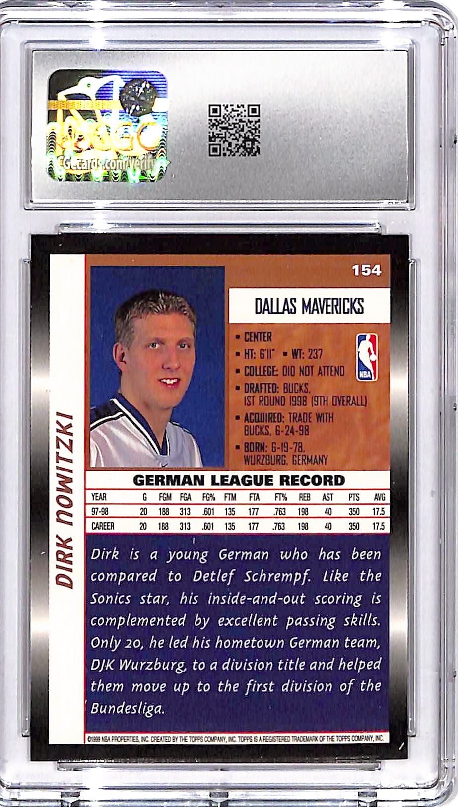 1998-99 Topps Dirk Nowitzki Rookie RC #154 CGC 9.5 Mavericks