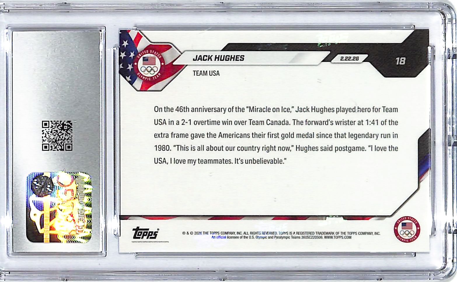 2026 Topps Now Olympics Jack Hughes #18 CGC 9.5 USA