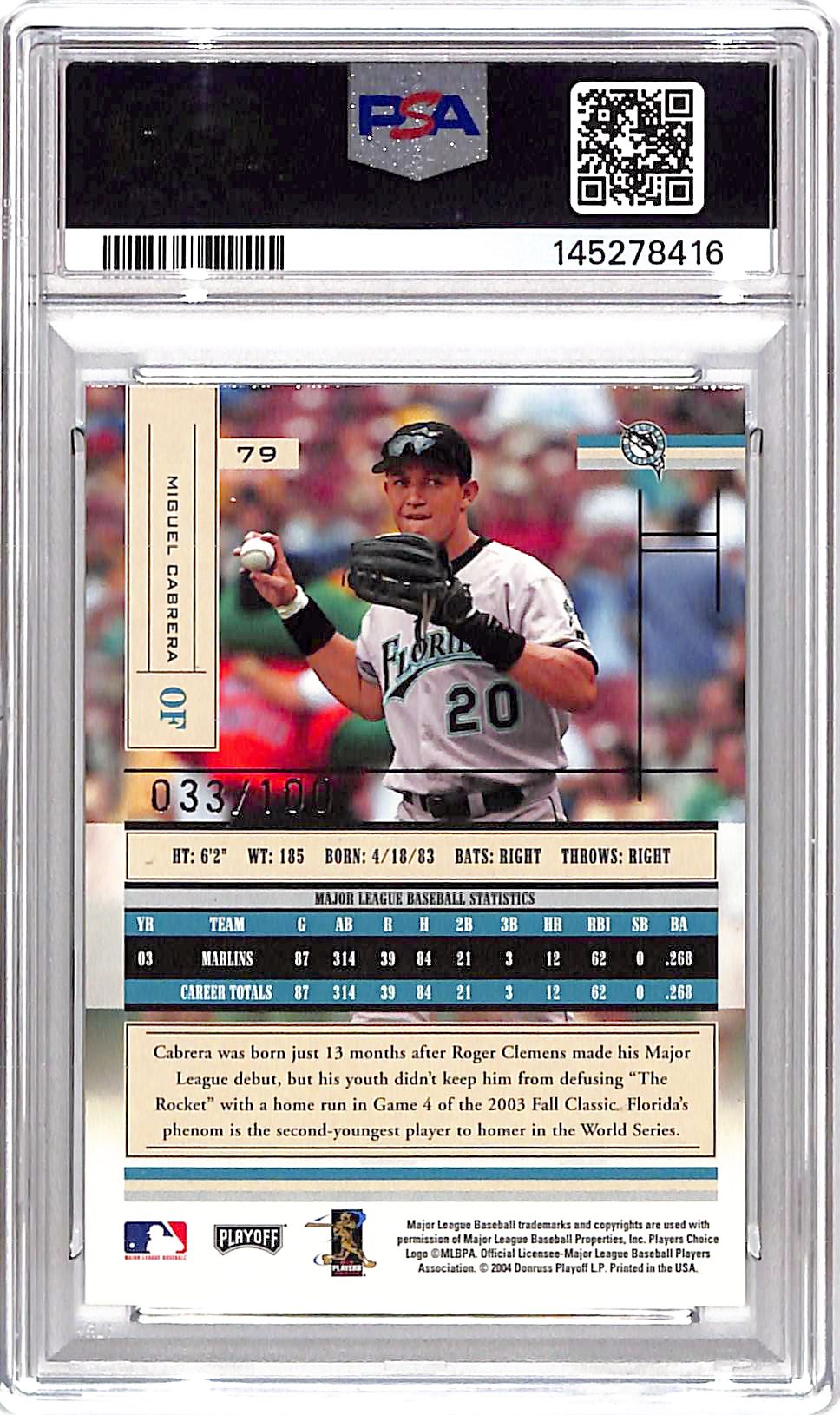 2004 Absolute Memorabilia Miguel Cabrera Auto Autograph Spectrum Silver /100 PSA 8