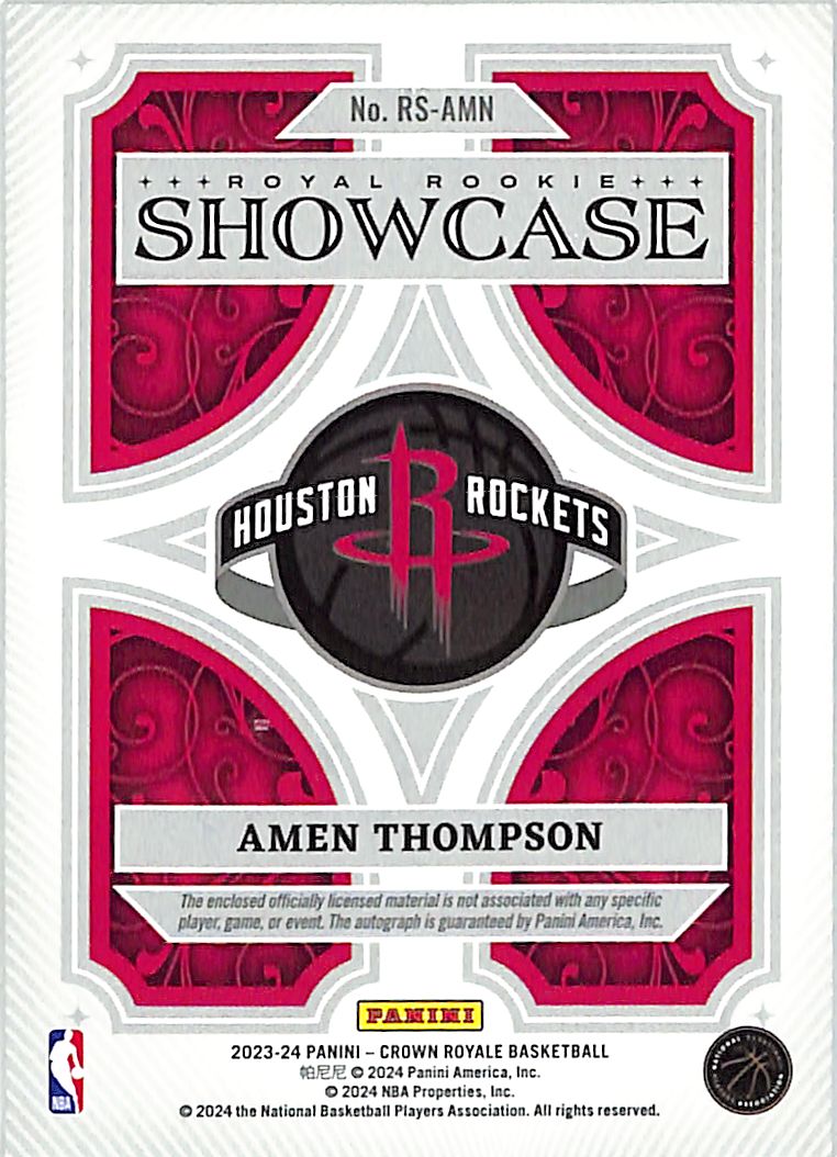 2023-24 Crown Royale Amen Thompson Auto Autograph Rookie RC Patch RPA /25 Rockets