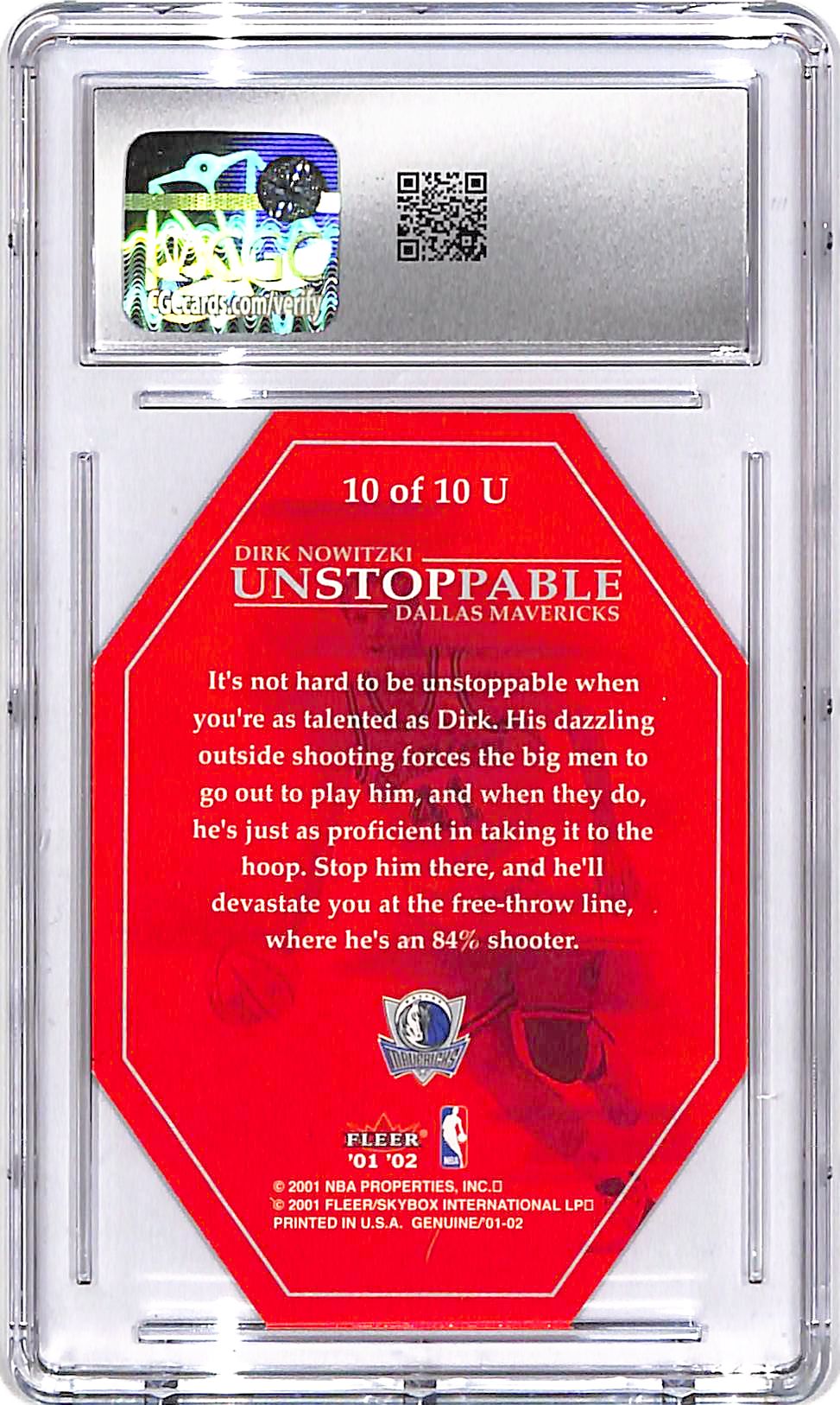 2001-02 Fleer Genuine Dirk Nowitzki Unstoppable CGC 9 Mavericks