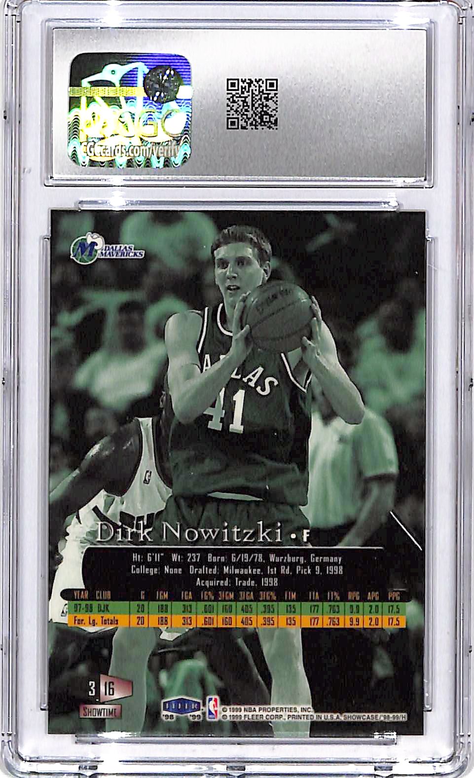 1998-99 Flair Showcase Dirk Nowitzki Row 3 Rookie RC CGC 9 Mavericks