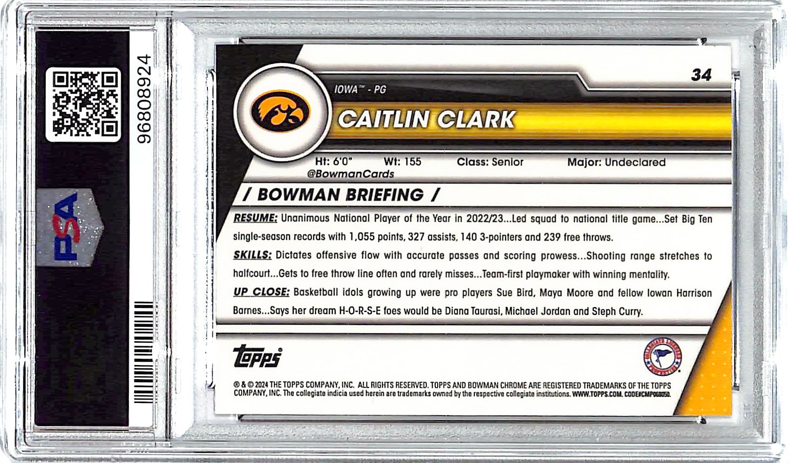 2023-24 Bowman Chrome University Caitlin Clark Pink Refractor Rookie RC PSA 10 Iowa