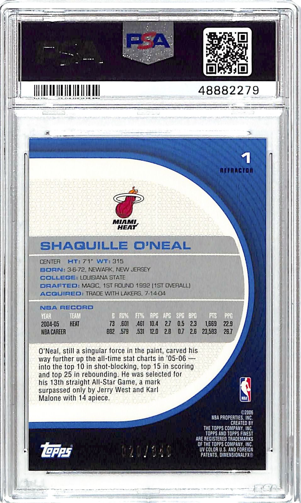 2005-06 Topps Finest Shaquille O'Neal Refractor /349 PSA 9 Heat