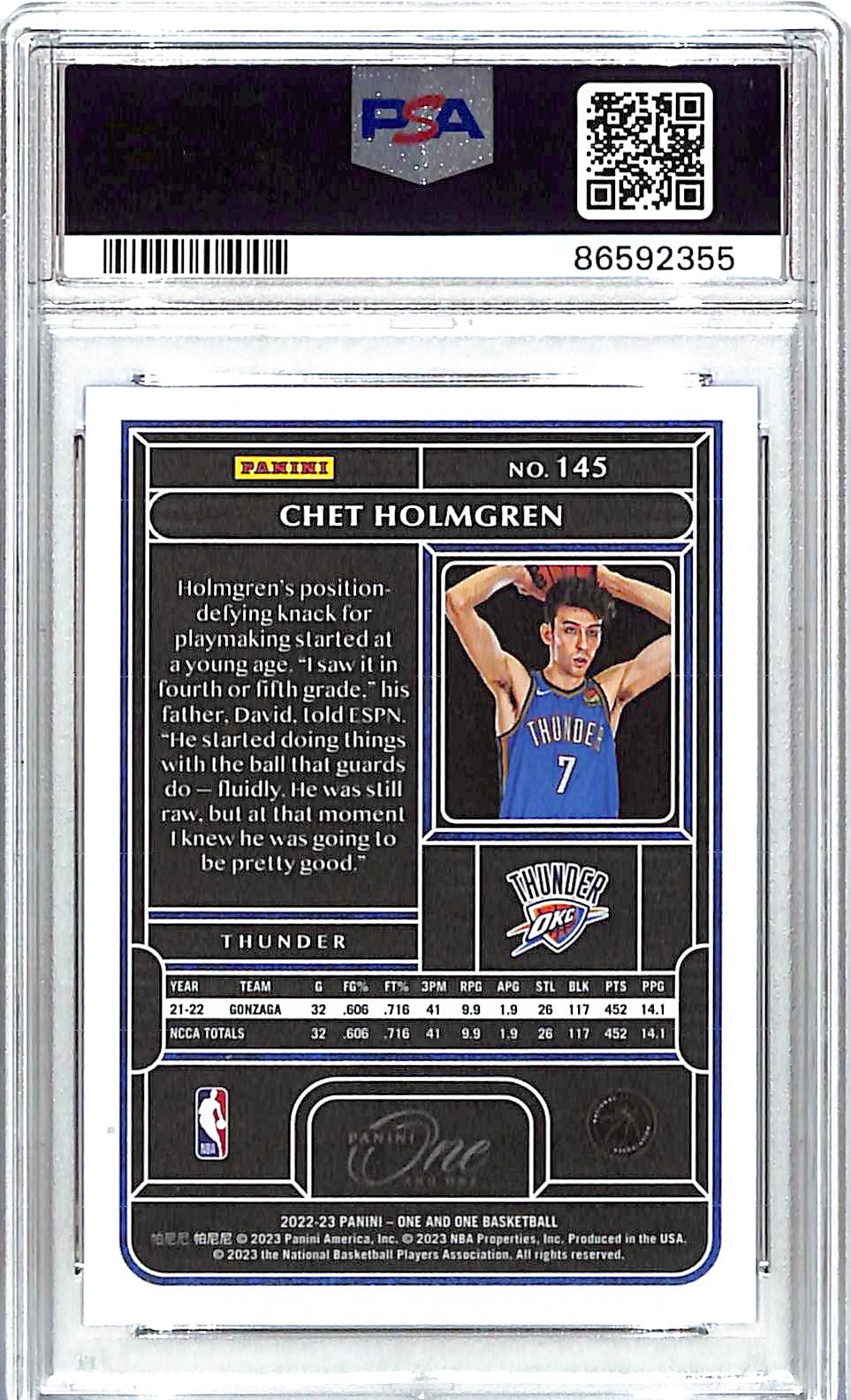 2022-23 Panini One and One Chet Holmgren Purple Rookie RC /25 PSA 9 Thunder
