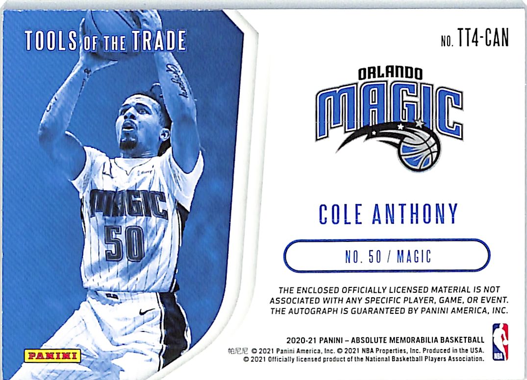 2020-21 Absolute Cole Anthony Auto Autograph Rookie RC Patch Gold /10 Magic